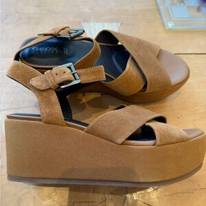 Geox Tan Suede Platform Wedge Sandals
